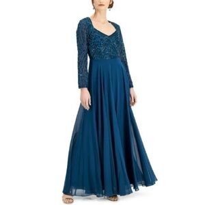J Kara Cutout Back Long Sleeve Sweetheart Neckline Embellished Gown in Teal